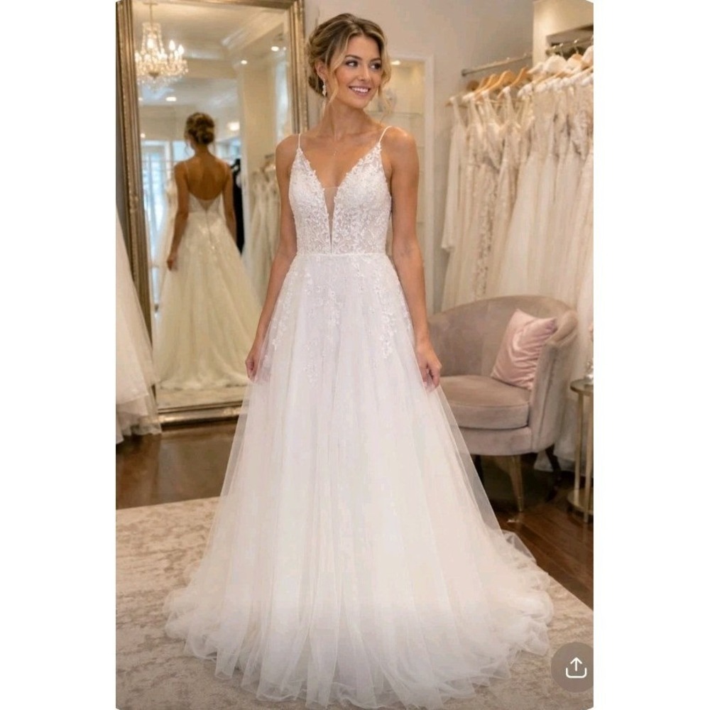 Stacees White Lace Tulle A-Line Wedding Dress V-Neck S10236589P US 6